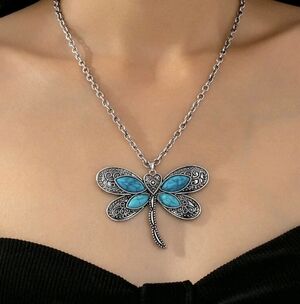 Silver Dragonfly Pendant Necklace with Turquoise Accents